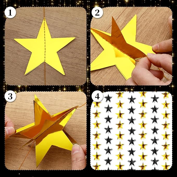 MARFOREVER 5 PCS 3D Black and Gold Star Garland, 41 Ft Star Metallic Paper Twinkle Hanging Sparkling Stars Banner Streamer for Birthday Wedding Baby Bridal Shower Holiday Graduation Party Supplies