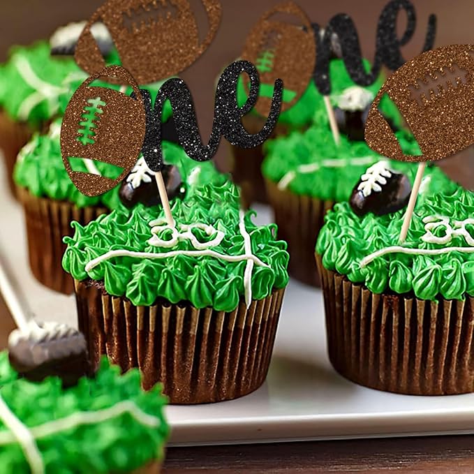24PC Football 1st Birthday Cupcake Toppers for Baby Boy,Glitter Sports Football One Cupcake Toppers for First Down Birthday Party Decorations Supplies