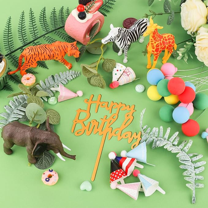 Hooqict 34 Pcs Safari Animal Cake Toppers with Mini Birthday Party Hats Party Animal Birthday Decorations Jungle Cake Decorations for Kids Wild Zoo Theme Party Decorations