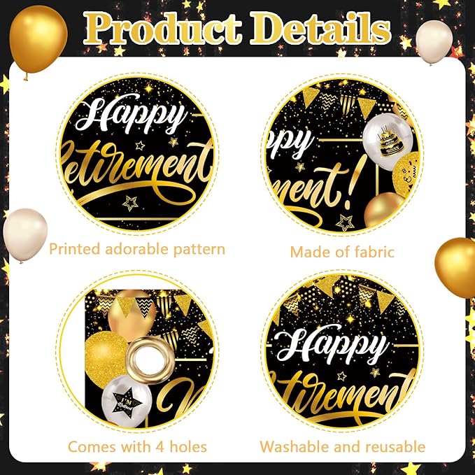 Happy Retirement Party Decorations for Men Women, Black and Gold Happy Retirement Banner, 71x43 Inch Retired Backdrop, 8pcs Hanging Swirls, Farewell Party Supplies