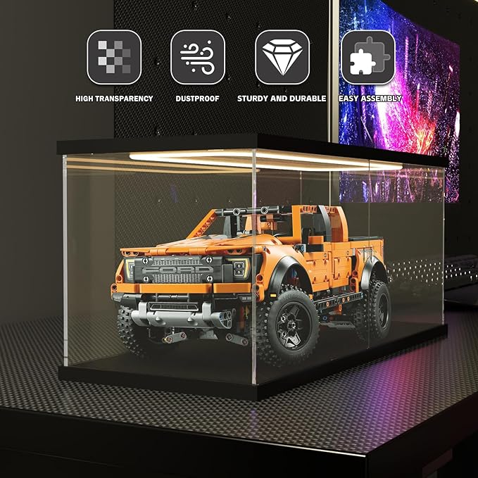 Nynelly Acrylic Display Case for Collectibles with LED Light, Clear Box for Display Lego 60445 F1 Truck Set, Lego 60444 42154 42210, Jazz Quartet 21334, Assemble Dustproof Showcase, 19.7x7.9x7.9in