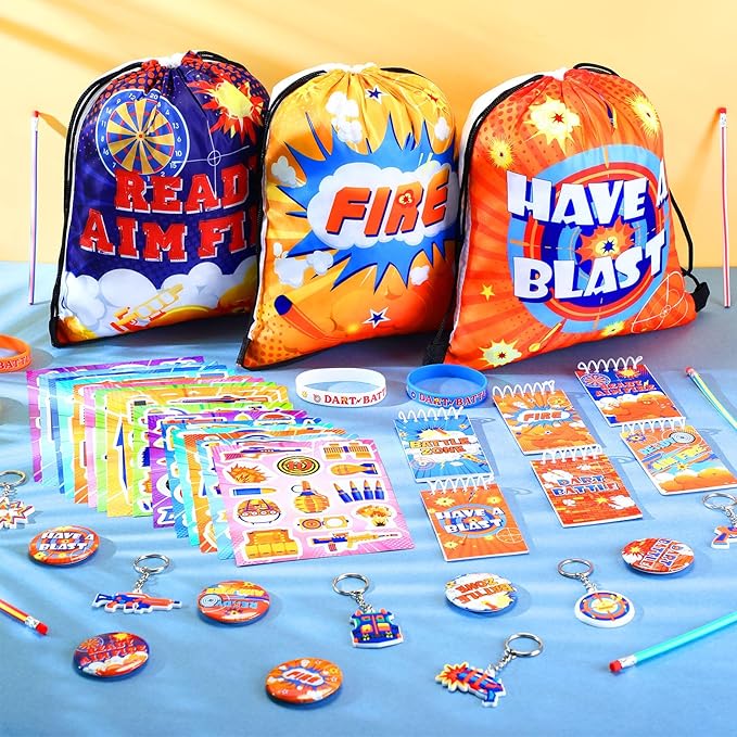 110 Pcs Dart Battle Party Favors Back to School Gifts Includes Dart Party Favor Bags Silicone Wristbands Badges Notebook Keychain Stickers Bendable Pencil for Birthday