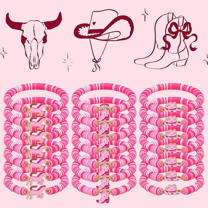 24 Pcs Cowgirl/alien/shark/bee/princess/tropical Party Favors, Polymer Clay Beaded Bracelets Gifts Bulk for Birthday Party