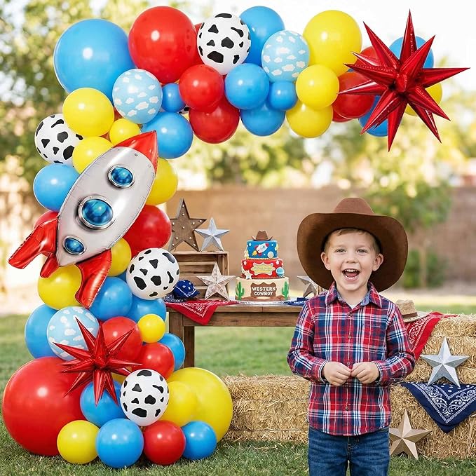 106Pcs Cowboy and Space Theme Birthday Decorations for Boys, Red Blue Yellow Balloon Garland Arch Kit with Cow Cloud Print Rocket Foil Balloons for Kids Cartoon Story Baby Shower Party Supplies