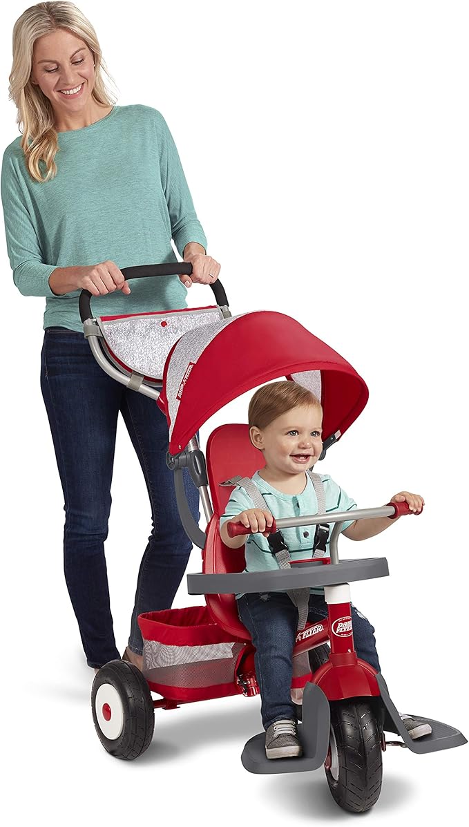 Radio Flyer Ultimate All-Terrain Stroll ’N Trike, Ages 1-5, Convertible 4-in-1 Tricycle, All-Terrain Tires, Parent Push Handle, UV Canopy, Accessories, Safety Harness, Stroller Tricycle for Toddlers