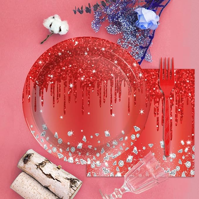 ZOIIWA 96 Pieces Red Birthday Tableware Set for Red Theme Silver Table Decorations Disposable Dessert Plates Napkins Forks for Women 24 Guests Diamonds Glitter Valentine's Day Birthday Party Supplies