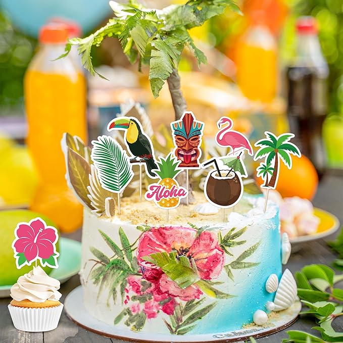 50 Pcs Tropical Cake Sticks, Disposable Tiki Flamingo Pineapple Palm Leaf Cake Toppers, Luau Cake Decorations for Summer Hawaiian Aloha Theme Events, Birthday, Wedding Party Supplies