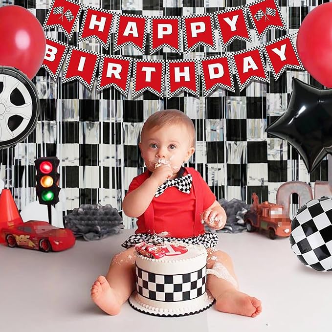Race Car Birthday Party Decoration, 1 Pack Race Car Party Backdrop Photo Booth Prop, Black and Silver Checkered Fringe Curtains Tinsel Photo Streamers for One Happy Dude Race Car Theme Party Supplies