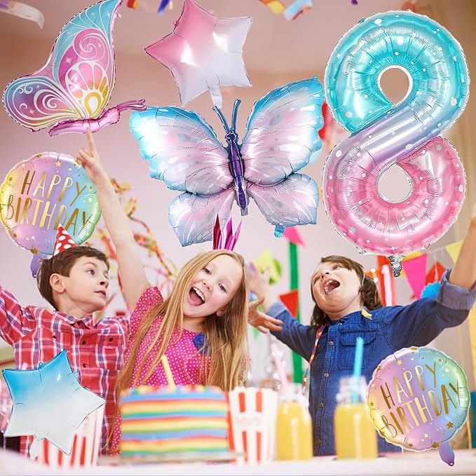 Butterfly Balloons - 8th Birthday Decorations for Girls, Gradient Pink Colorful Foil Balloons, Giant Number 8 Foil Mylar Balloon, Butterfly Theme Party Supplies
