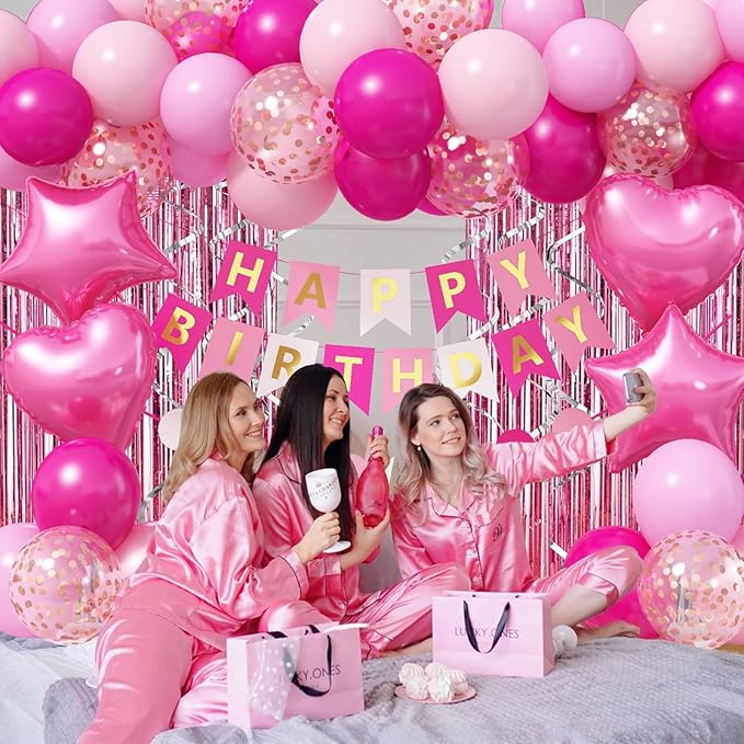 Pink Birthday Decorations for Girls, Hot Light Pink Balloon Garland Arch Kit Happy Birthday Banner Foil Curtain Heart Star Foil Party Balloons for Princess Party Decor