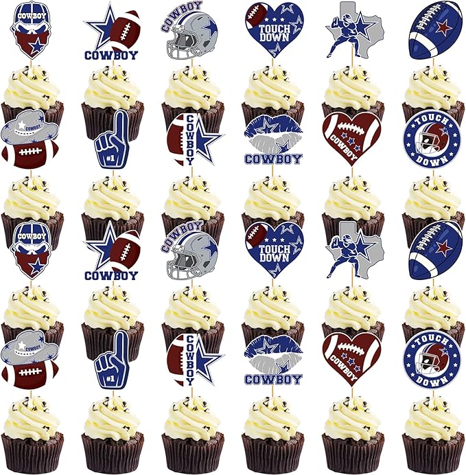 Cowboy Birthday Party Decorations - 24 Pcs Blue Cowboy Football Cupcake Topper Picks, American Rugby Cup Cake Toppers, Game Day Sports Theme Party Supplies Favors Decor for Boys Kids Men