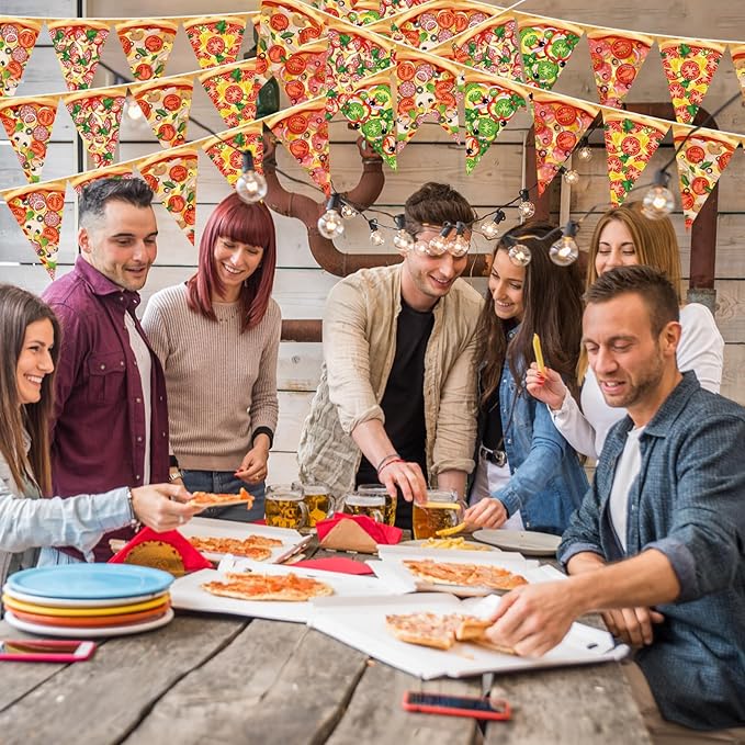 HESTYA 5 Pcs 49 Ft Pizza Party Decorations Pennant Banner Pre-Assembled Pizza Triangle Flag Bunting Garland for Themed Birthday Bachelorette Party Supplies Fast Food Theme Decorations
