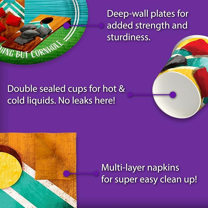 Cornhole Bean Bag Toss Party Supplies - Lake Tableware Set for 16 | Includes Plates, Napkins and Cups