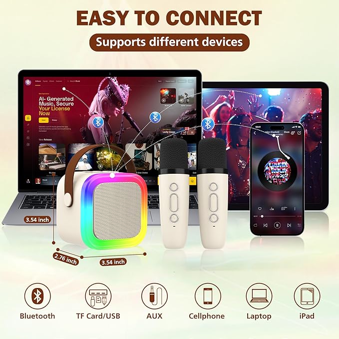 Mini Karaoke Machine for Kids Adults, Portable Bluetooth Speaker with 2 Wireless Microphones,Toys Birthday Gifts for Girls Ages 4, 5, 6, 7, 8,9,10,11,12+ Family Home Party (Beige)