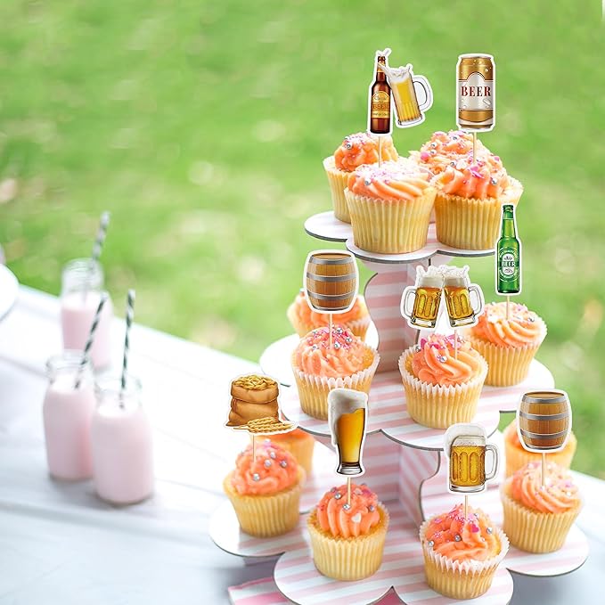 Ercadio 32 PCS Beer Party Cupcake Toppers Cheers and Beers Happy Birthday Decor for Beer Kegs Cake Topper Favor for Summer Family Party Decor Supplies