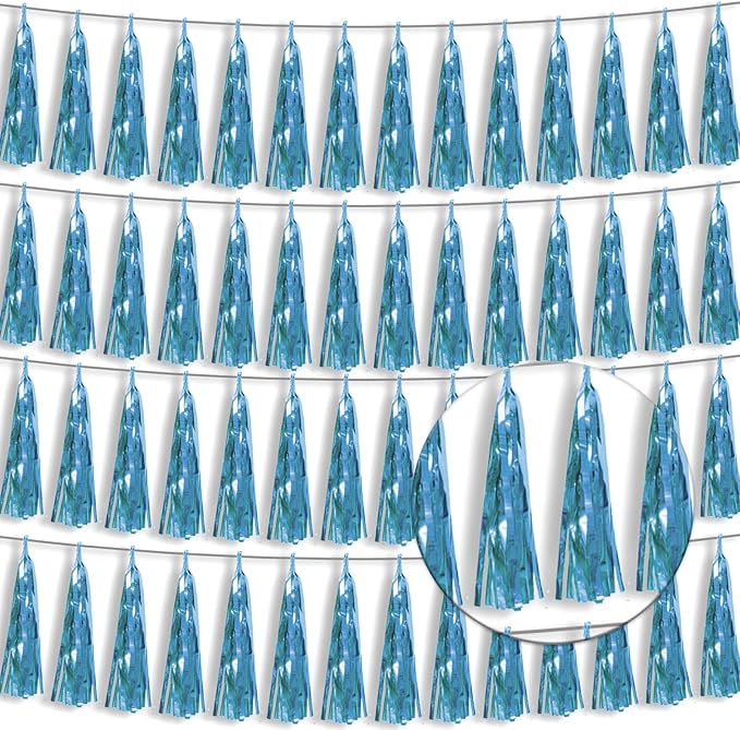 4P Light Blue Foil Fringe Tassel Banner Garland Metallic Tinsel Streamers Wall Hanging Curtain Backdrop Banner for Parade Floats, 2024 Graduation Decorations, Wedding Party Decoration