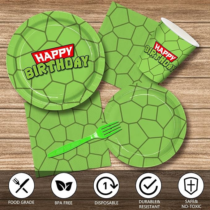 192pcs Turtle Birthday Party Supplies Turtle Plates Napkins Disposable Paper Cups Straws Cartoon Theme Party Decorations Tableware Set for Boys Kids Birthday Serves 24