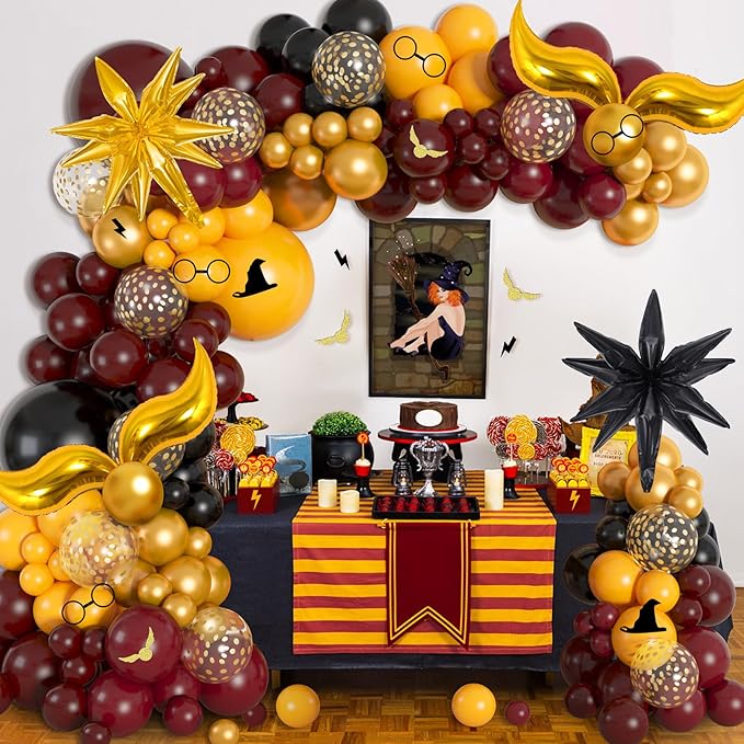 Ouddy Life 172pcs Magical Wizard School Balloons Garland Arch Kit Burgundy Black Gold Confetti Snitch Balloon for Magic Themed Birthday Decorations Baby Shower Party Supplies
