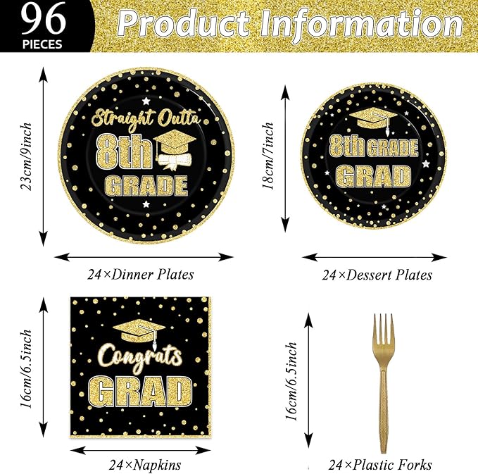 96 Pcs 8th Grade Grad Party Supplies for 24 Guests Eighth Grade Tableware Plates Napkins Teens Graduation Dinnerware Table Decorations for Congrats Grad Party Supplies Straight Outta 8th Party Favors