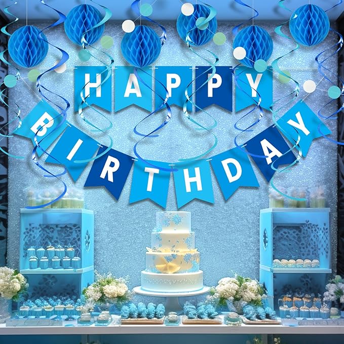 Blue Birthday Decorations Kit - 16-Piece Set with Pre-Strung Happy Birthday Banner, Honeycomb Balls, Garland & Swirls | Blue Theme Party Supplies for Men Boys Kids, Teens Adults