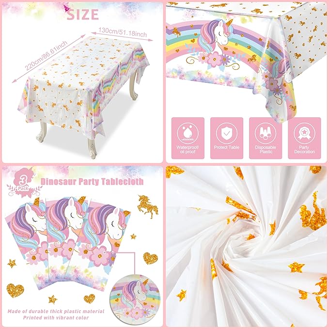 3PCS Unicorns Tablecloths for Birthday Decoration, Unicorn Party Decorations Pastel Rainbow DisposableTable Covers for Kids Girls Baby Shower Birthday Party Supplies, 51.2X 86.6inch