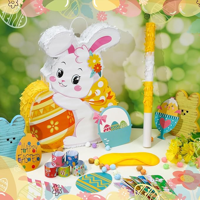 96pcs Easter Bunny Piñata Set Easter Piñata with Blindfold Hitting Stick Confetti Eggs Bracelets Photo Props for Birthday Decoration School Spring Party Game