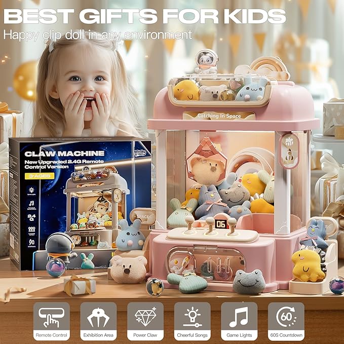 Remote Control Claw Machine for Kids, Mini Vending Machines Candy Grabber Prize Dispenser Toys for Girls, Arcade Game Machine with Light Sounds, Birthday Gifts Toys Age 3 Years (Pink)