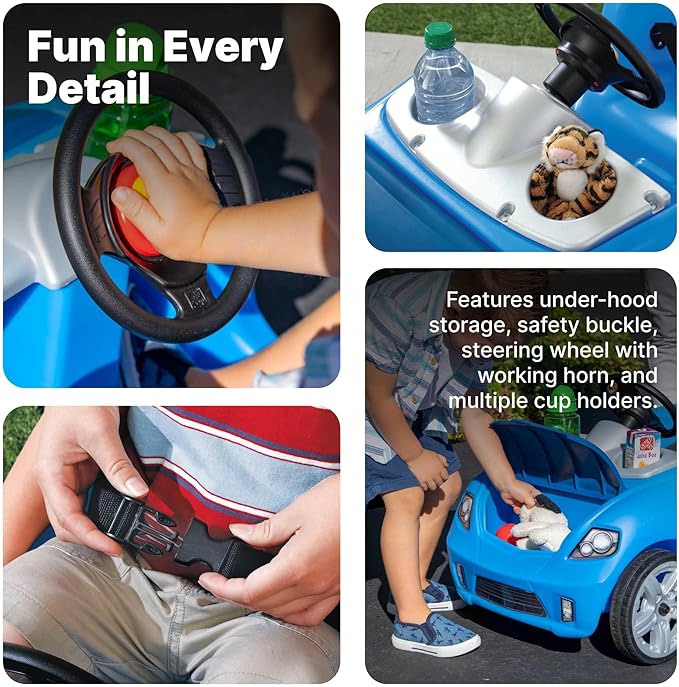 Step2 Whisper Ride II Kids Push Car, Ride-On Car with Seat Belt and Horn, Toddlers and Preschoolers Ages 18 Months–4 Years, Max Weight 50 lbs., Quick Fold Handle, Stroller Alternative, Blue