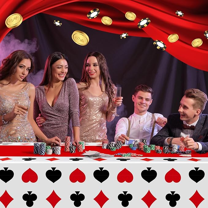 Hosuly 3 Pcs Casino Theme Party Decorations Poker Tablecloth Poker Plastic Disposable Table Cover Casino Theme Tablecloth for Game Birthday Playing Card Party Picnic Supplies, 51 x 108 Inch (Classic)