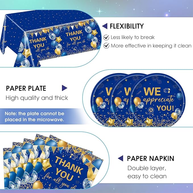 41Pcs Blue Gold Thank You Decorations Thank You for All You Do Tableware Disposable Paper Plates Napkins Tablecloth丨Teacher Employee Staff Doctors Nurse Pastor Appreciation Week Party Decor,Serve 20