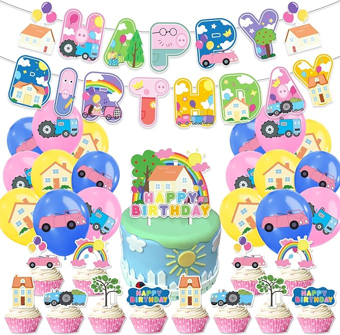 Pink Pig Birthday Party Supplies,Birthday Banner Cake Toppers Balloons,Pink Pig Theme Party Decorations