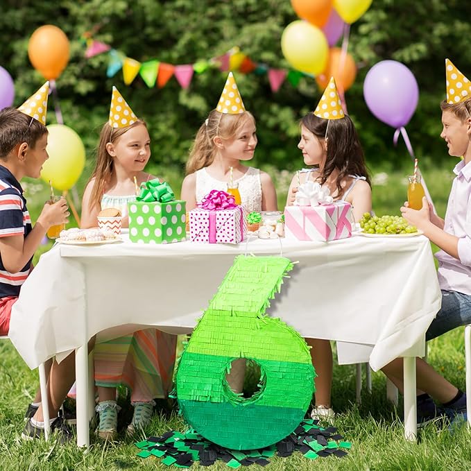 Number Piñata Decorations 16 Inch Gradient Green Piñata with Blindfold Stick and Confetti for Birthday Baby Shower Safari Jungle Themed Party Supplies Centerpiece(Number 6)