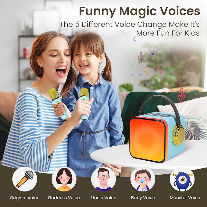 Mini Karaoke Machine for Kids, Portable Bluetooth & Auxiliary Karaoke Speaker with 2 Wireless Microphones, Modern Minimalist Design, Light Show, Blue