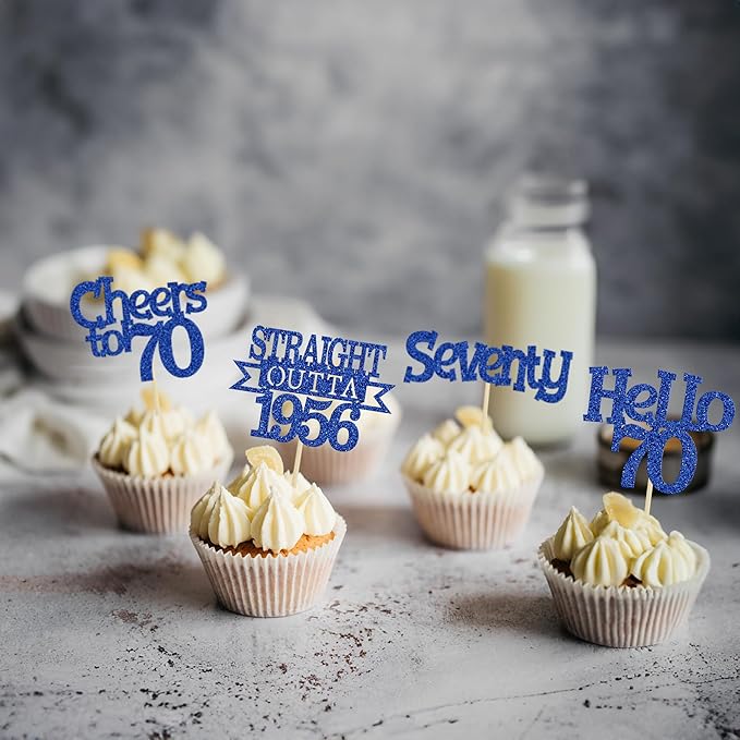 Ephlyn 24Pcs Happy 70th Birthday Cupcake Toppers Glitter Straight Outta 1956 Cupcake Picks Hello 70 Cheers to 70 Years Birthday Cake Decorations for 70th Birthday Anniversary Party Supplies Blue