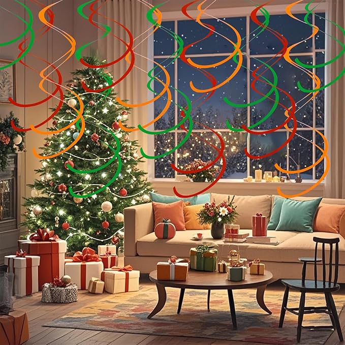 Colorful Ceiling Swirl Foil Decorations Hanging Plastic Streamer Themed Swirl Party for Christmas Graduation Celebration, Pack of 28 (Red, Green and Orange)