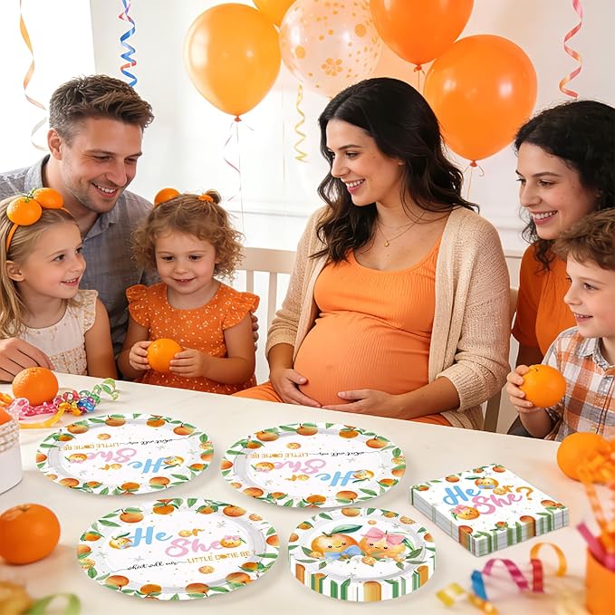 96 Pcs Little Cutie Gender Reveal Party Decorations Orange Theme Plates and Napkins Cute Orange Tableware Set for He or She Gender reveal Baby Shower Party Supplies, Serves 24