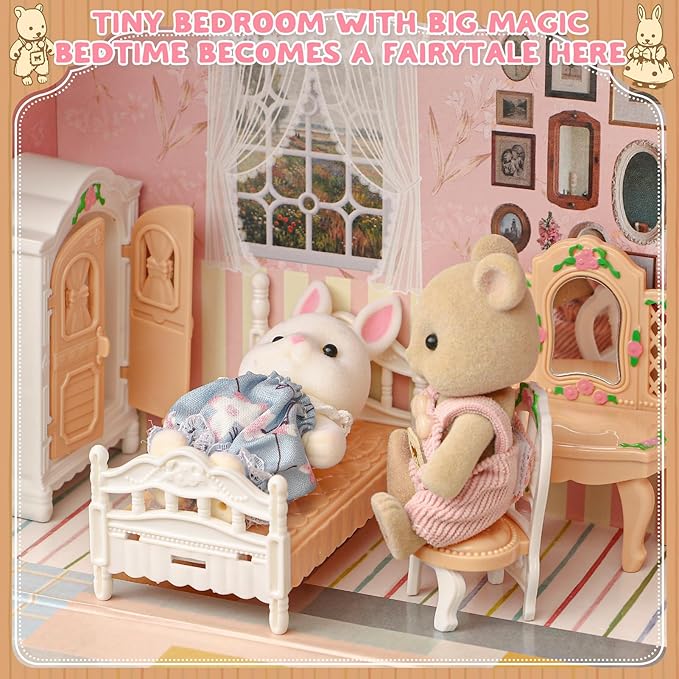 Suitcase Dollhouse Furniture Set for Kids, Mini Dollhouse Box with 2 Flexible Dolls and Bedroom&Bathroom Furnitures, Pretend Play Accessories Christmas Birthday Gift for Toddlers Ages 3+