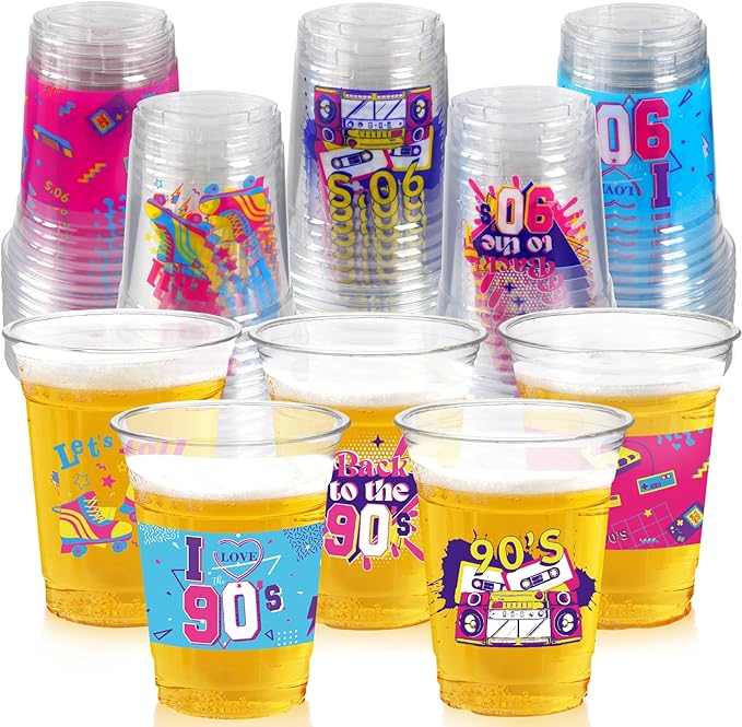 90s Theme Party Decoration Cups, 100 Pcs 16 OZ Disposable Plastic Cups for Retro Music Hip Hop Throwback Dance Back to 90's Birthday Party Favor Supplies