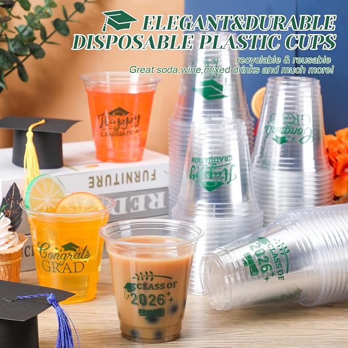 Eaasty 200 Pcs 12oz Graduation Cups 2026 Disposable Plastic Cups for Class of 2026 Graduation Party Congrats Grad Elegant Party Supplies Tableware Decorations (Green)