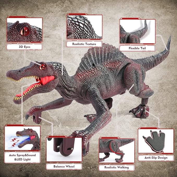 Mini Tudou Remote Control Dinosaur Toys for Kids,Light Tracing RC Jurassic Spinosaurus Toys w/Auto Spray and Realistic Light & Roaring,Walking Robot Dinosaur Toy for Boys Girls 3-5 5-7 8-12