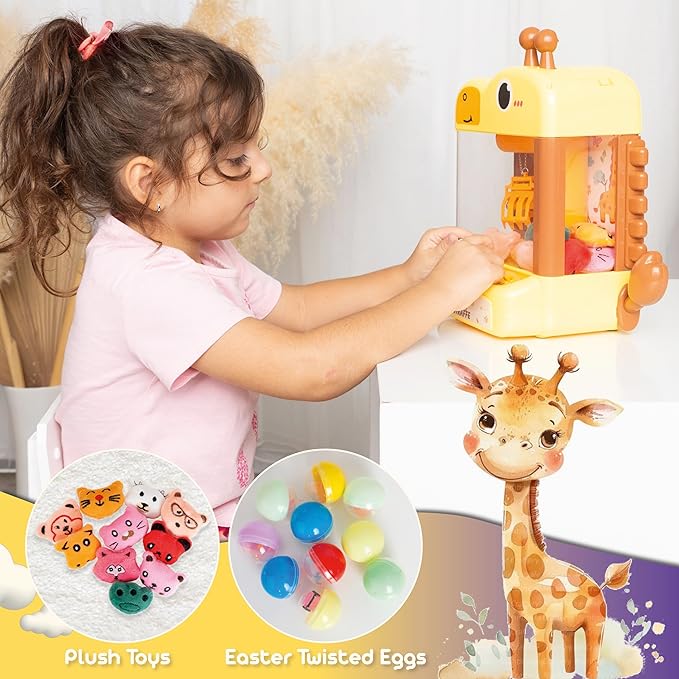 Claw Machine for Kids - Mini Arcade Game - Vending Machine - Candy Grabber Toys - Silent Mode, Lights, USB - Plush Toys & Easter Eggs, Surprise Stickers - Fun Gift for Kids, Boys & Girls (Giraffe)