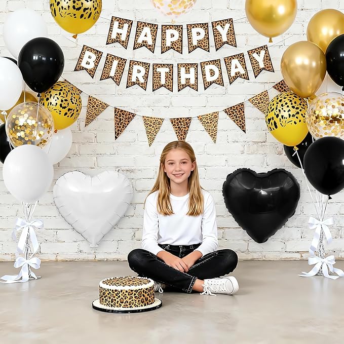 Leopard Print Happy Birthday Decorations, Gold Cheetah Print Animal Balloons Black White and Heart Balloons with Birthday Banner for Safari Wild Birthday Baby Shower Jungle Zoo Theme Party Supplies