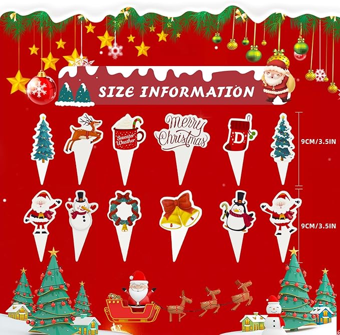 Christmas Cupcake Toppers 24PCS Wrappers Cake Decorations Snowflake Christmas Cake Liner Cake Picks For Birthday Anniversary Wedding Engagement Party Decorations