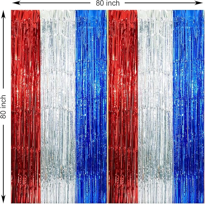 2 Pack Construction Foil Fringe Curtains, 3.3x6.6 Ft Blue Red and Silver Tinsel Backdrop Party Decorations Door Streamers for 4th of July Decorations, Patriotic Party, Independence Day Decor