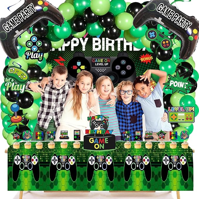77Pcs Video Game Birthday Party Decorations Kit – Gamer Party Supplies with Happy Birthday Backdrop, Hanging Swirls, Foil Balloons, Colorful Balloons, Table Cover & Cake Topper for Game Theme Party