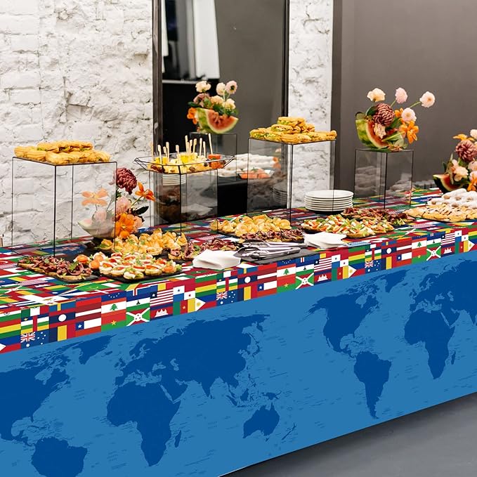 3 Pieces International Flag Tablecover World Flag Party Tablecloth Decorations Disposable Plastic Table Cover Birthday Party Decor Supplies Favors Outdoor Indoor