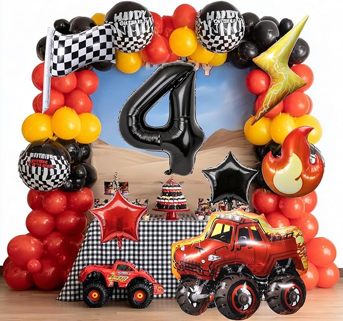Truck Number 4 Balloons, Huge Truck Flags Lightning Flame Stars Aluminum Foil Balloons for 4th Birthday, Race Car Theme Party Decorations Supplies