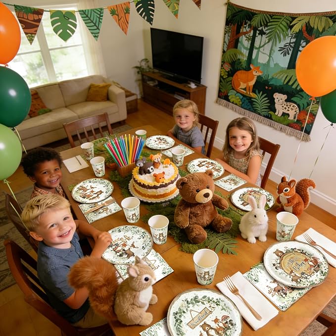 96 Pcs Woodland Baby Shower Party Supplies - Serves 24 Guests, Safari Jungle Animal Party Decorations Include Plates and Napkins, Forks