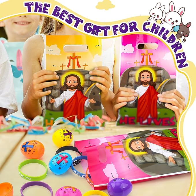 108 Pcs Easter Religious Party Favor Easter Eggs Fillers Christian Goody Bags Jesus Loves You Wristbands Party Supplies for Gift Church (Jesus)