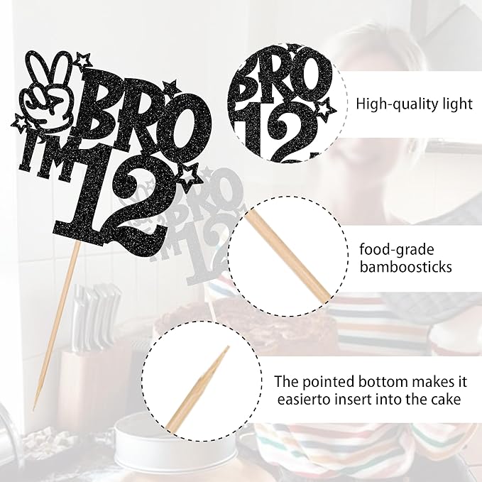 1 PCS Brother I'm 12 Cake Topper Glitter Star Happy 12th Birthday Cake Pick Bro I'm 12 Cake Decoration It's My 12th Birthday Decorations for Boys Cheers to 12 Years Old Birthday Party Supplies Black